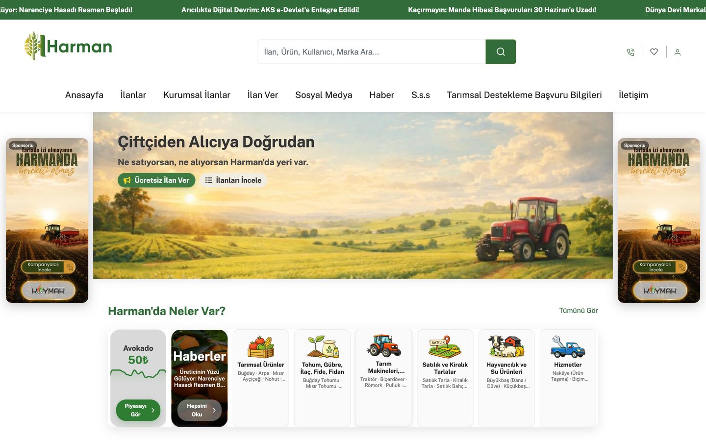 Harman App web sitesi masaüstü görünümü, tarım pazaryeri ana sayfası