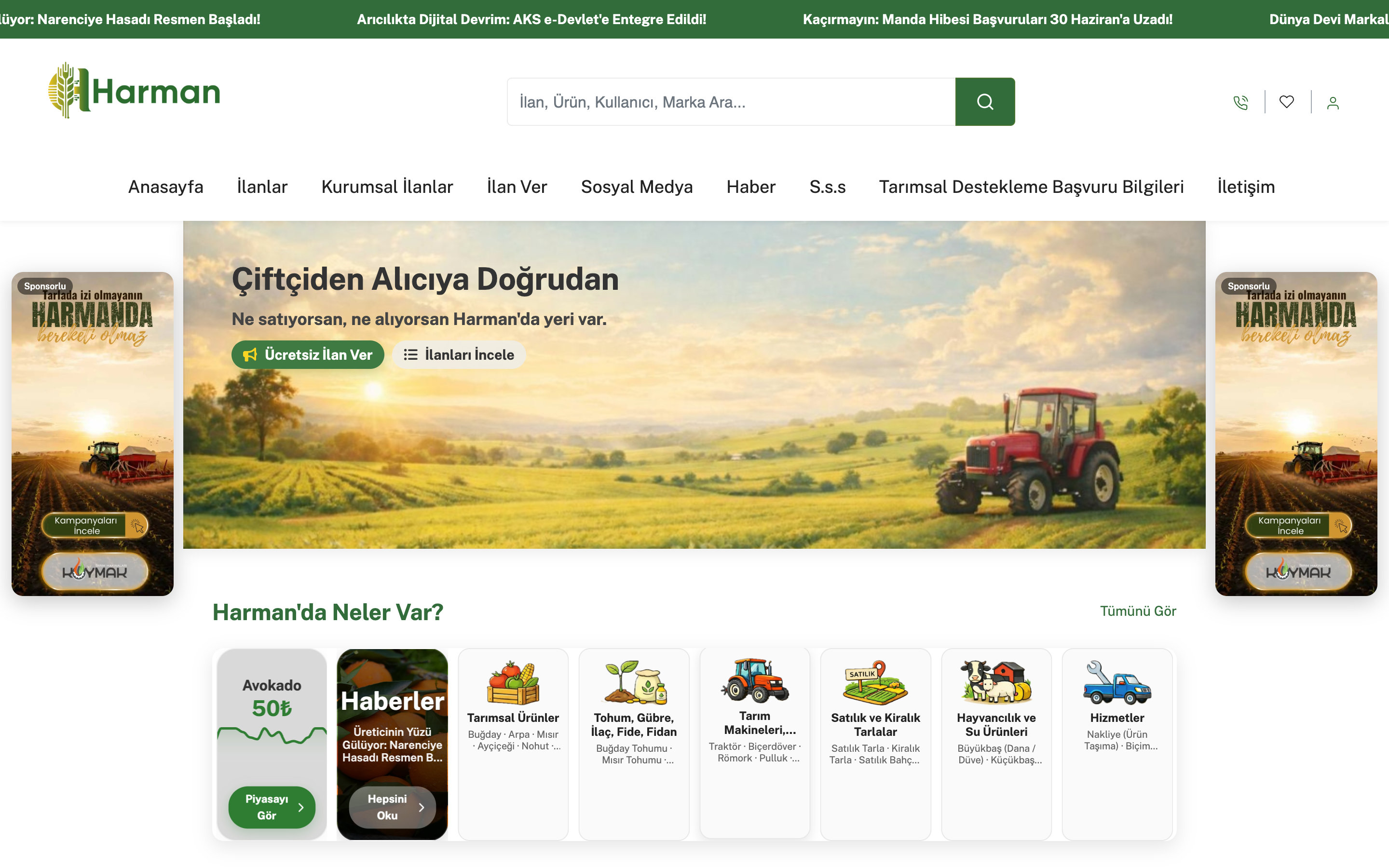 Harman App web sitesi masaüstü görünümü — tarım pazaryeri ana sayfası